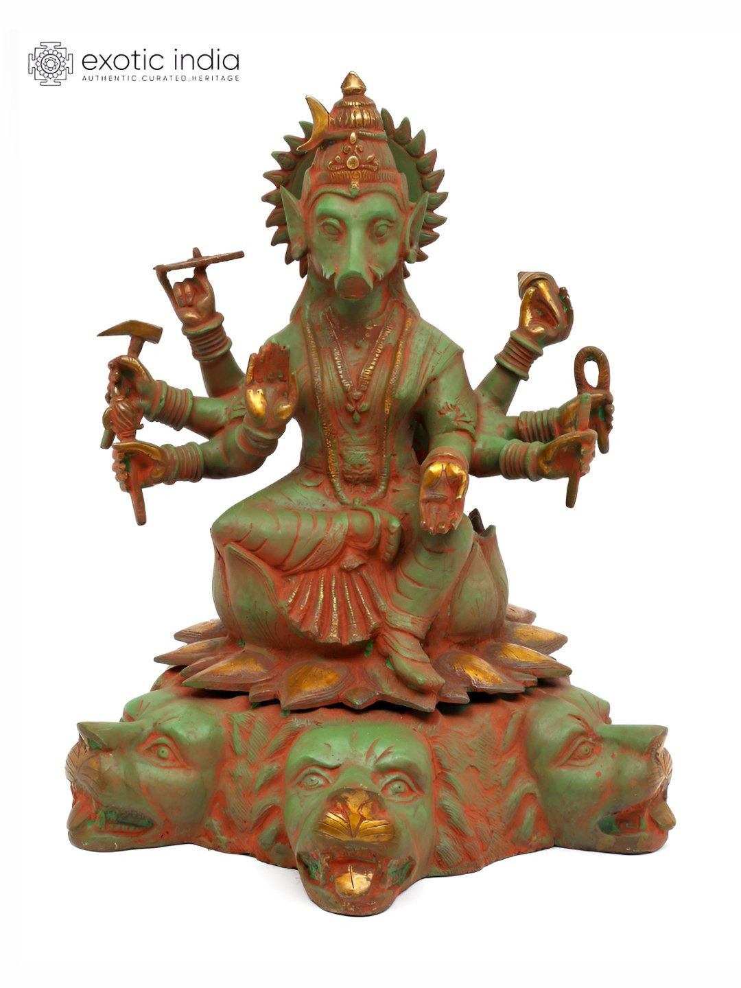 Exotic India Devi Varahi Green Brass Metallic Prayer Room Large Showpiece - 20 Inches
