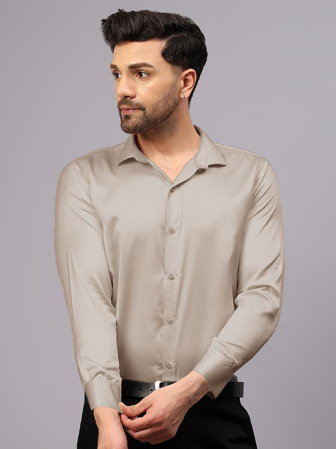 CVC Men Regular Fit Poly Satin Silk Beige Shirt