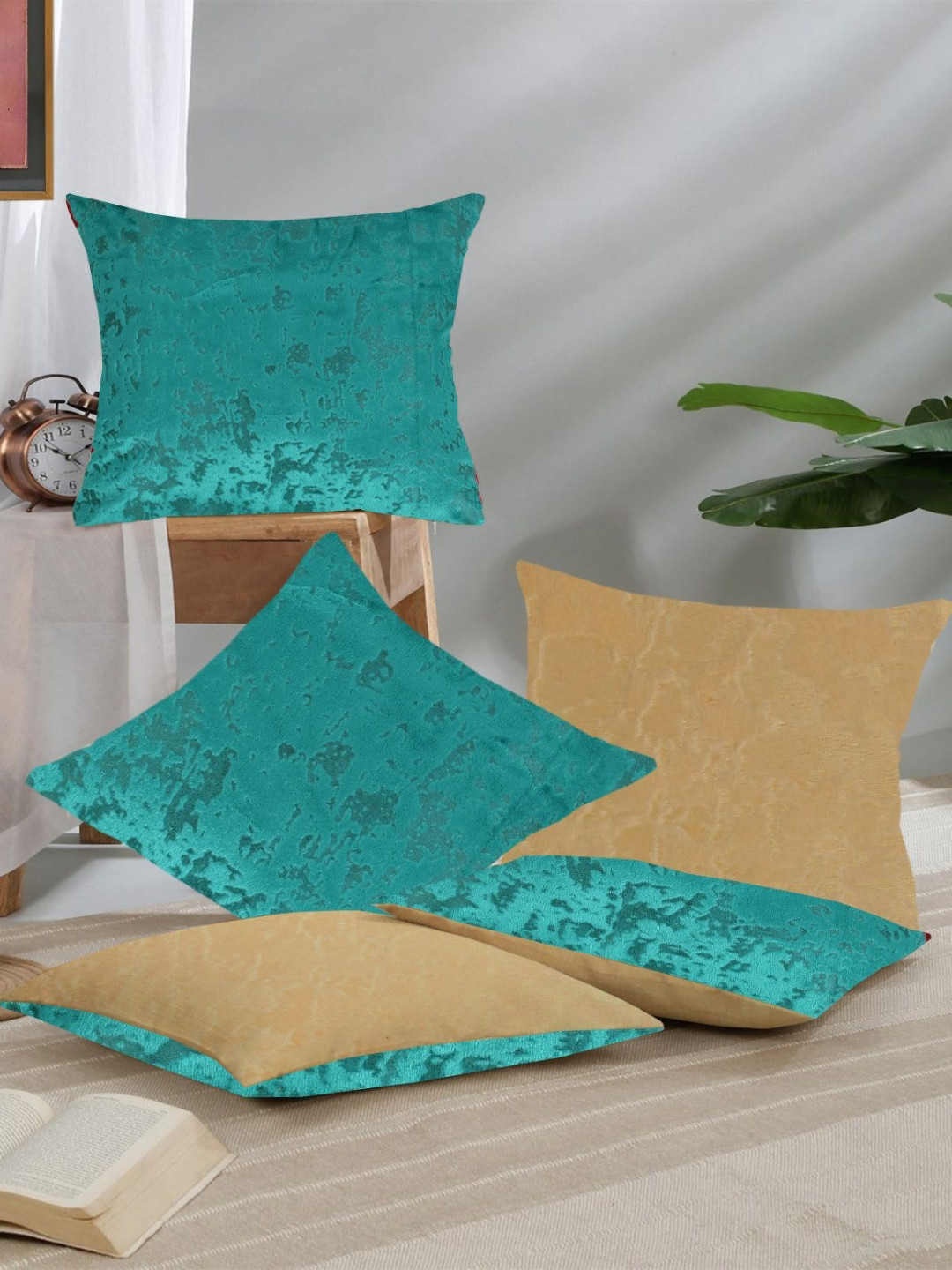 IVAZA Blue Abstract Polyester Silk Reversible 5 Pcs Textured Cushion Covers -16x16In