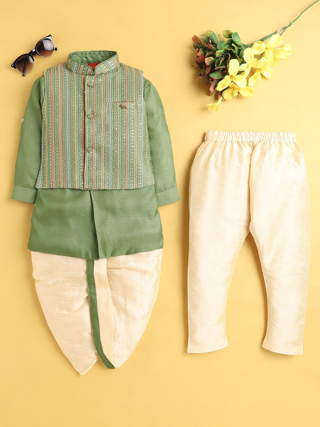 BAESD Boys Mandarin Collar Sequinned Straight Kurta With Dhoti Pants Pyjama & Nehru Jacket