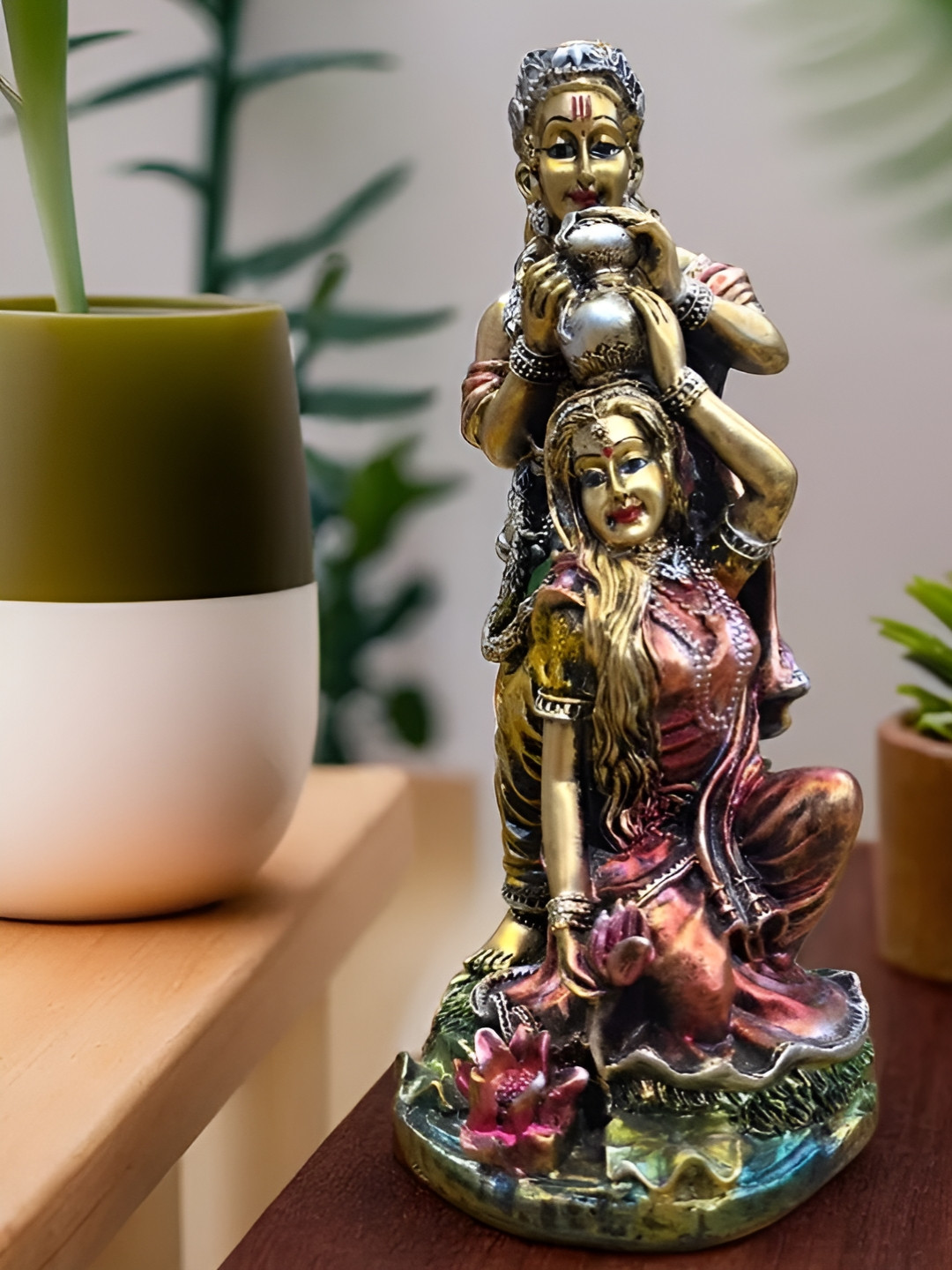 SANKALAN CREATIONS Radha Krishna Hair Gold Polyresin Natural Prayer Room Medium Showpiece - 3.5 Inches