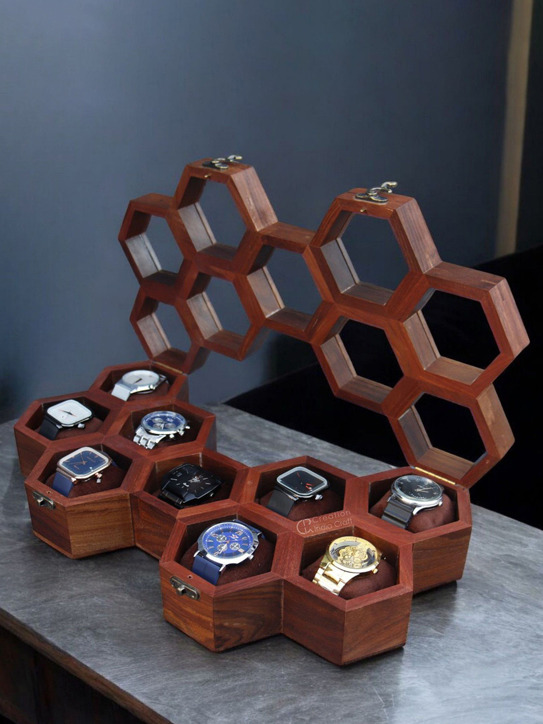 Creation India Craft Brown Wooden 9-Slot Vintage Watch Box