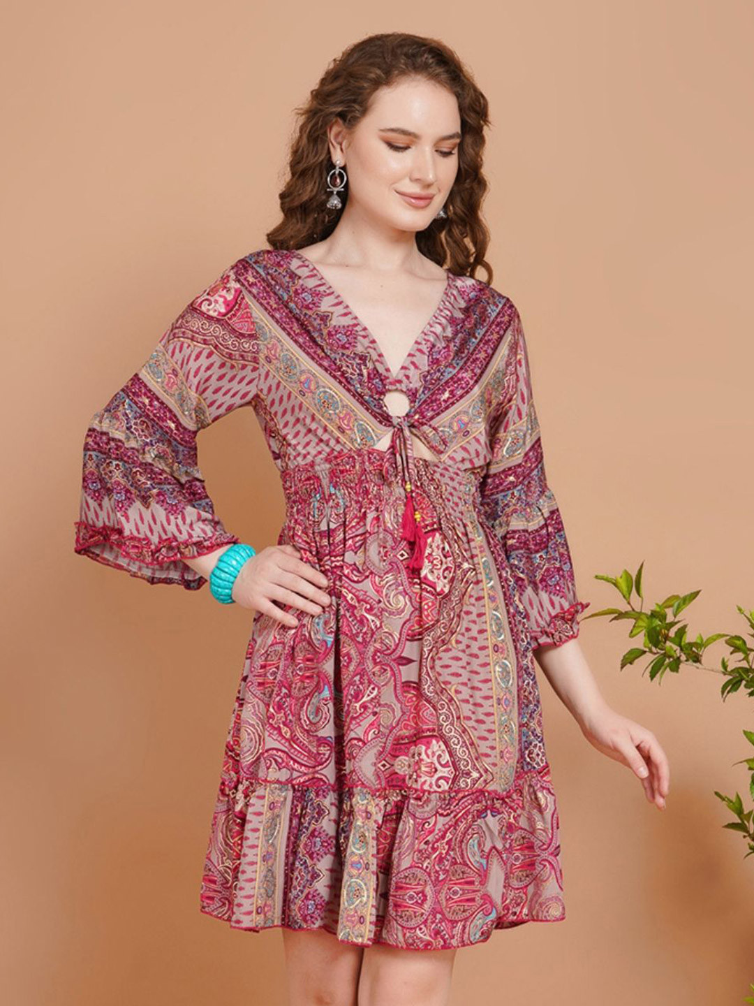 Boholyfe Sweet Hue Groove Women Bell Sleeve Fit & Flare Above Knee Dress