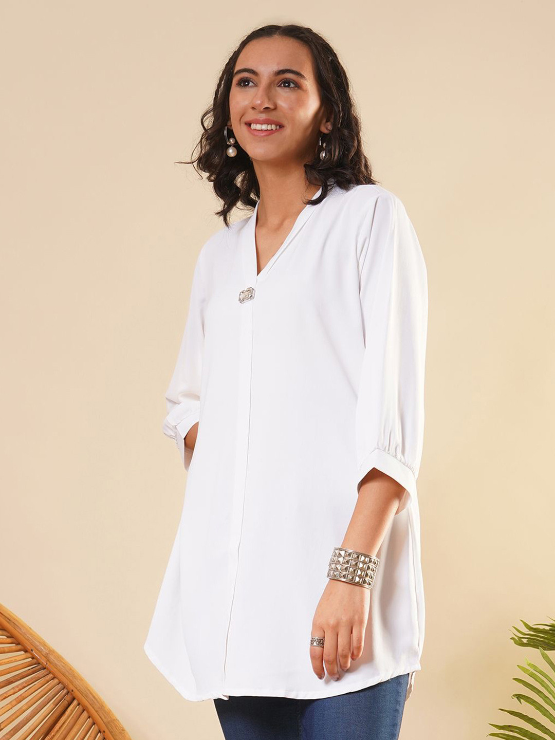 ZOLA Women Exclusive V Neckline Rayon Solid White Straight Tunic