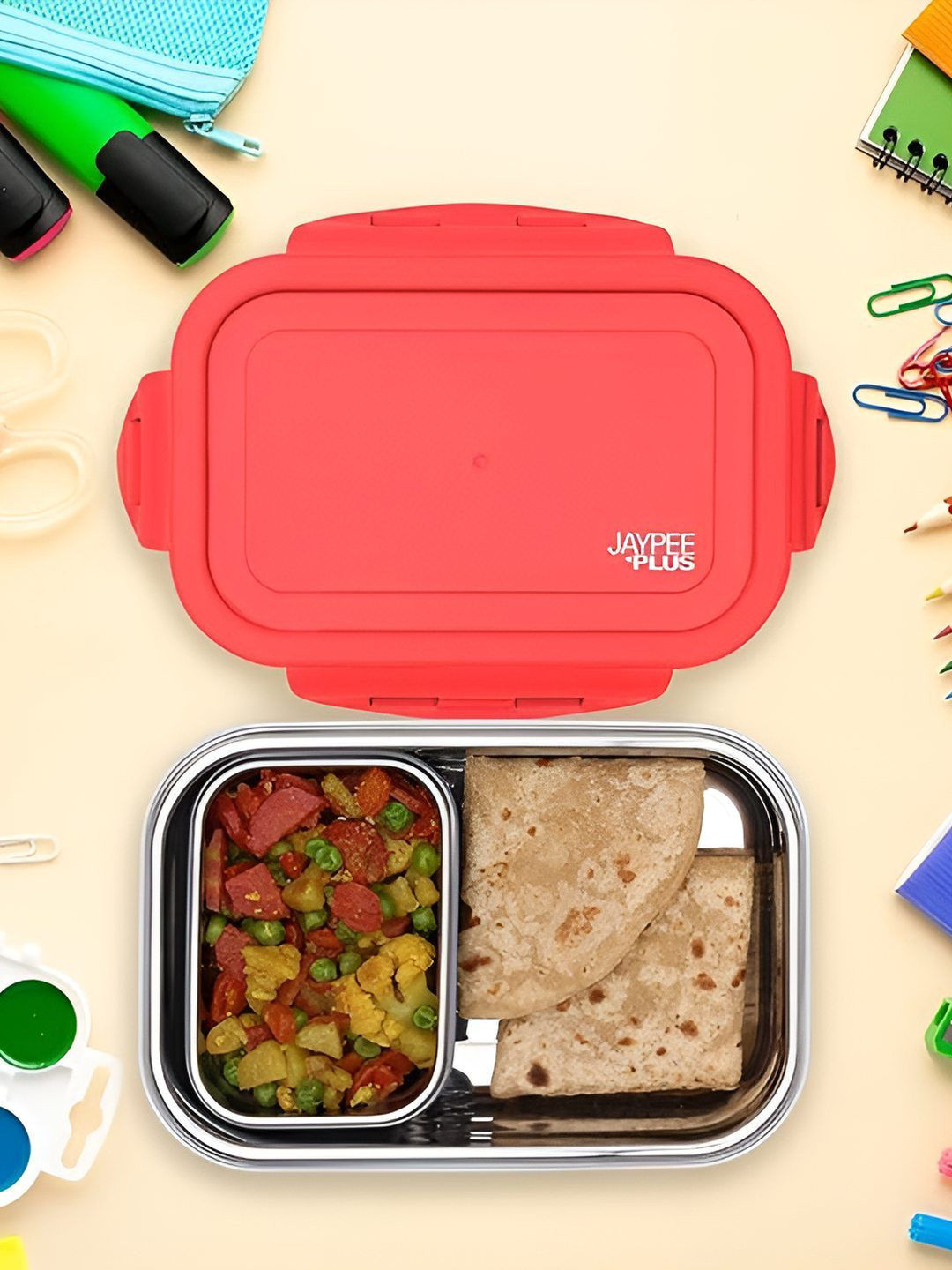 JAYPEE PLUS BUDDYS Red Solid Plastic Rust Proof 1PCs Lunch Box With Spoon and Fork