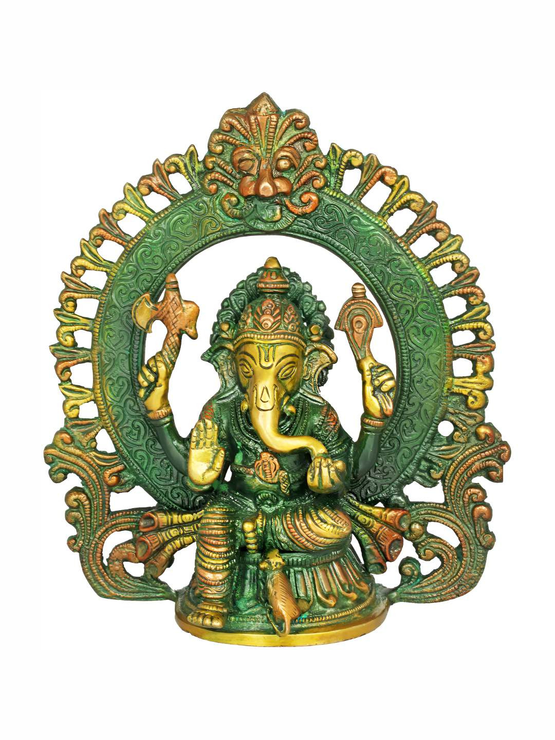 Exotic India Seated Ganesha within A Kirtimukha Prabhavali Green Brass Metallic Prayer Room Small Showpiece - 8.9 Inches