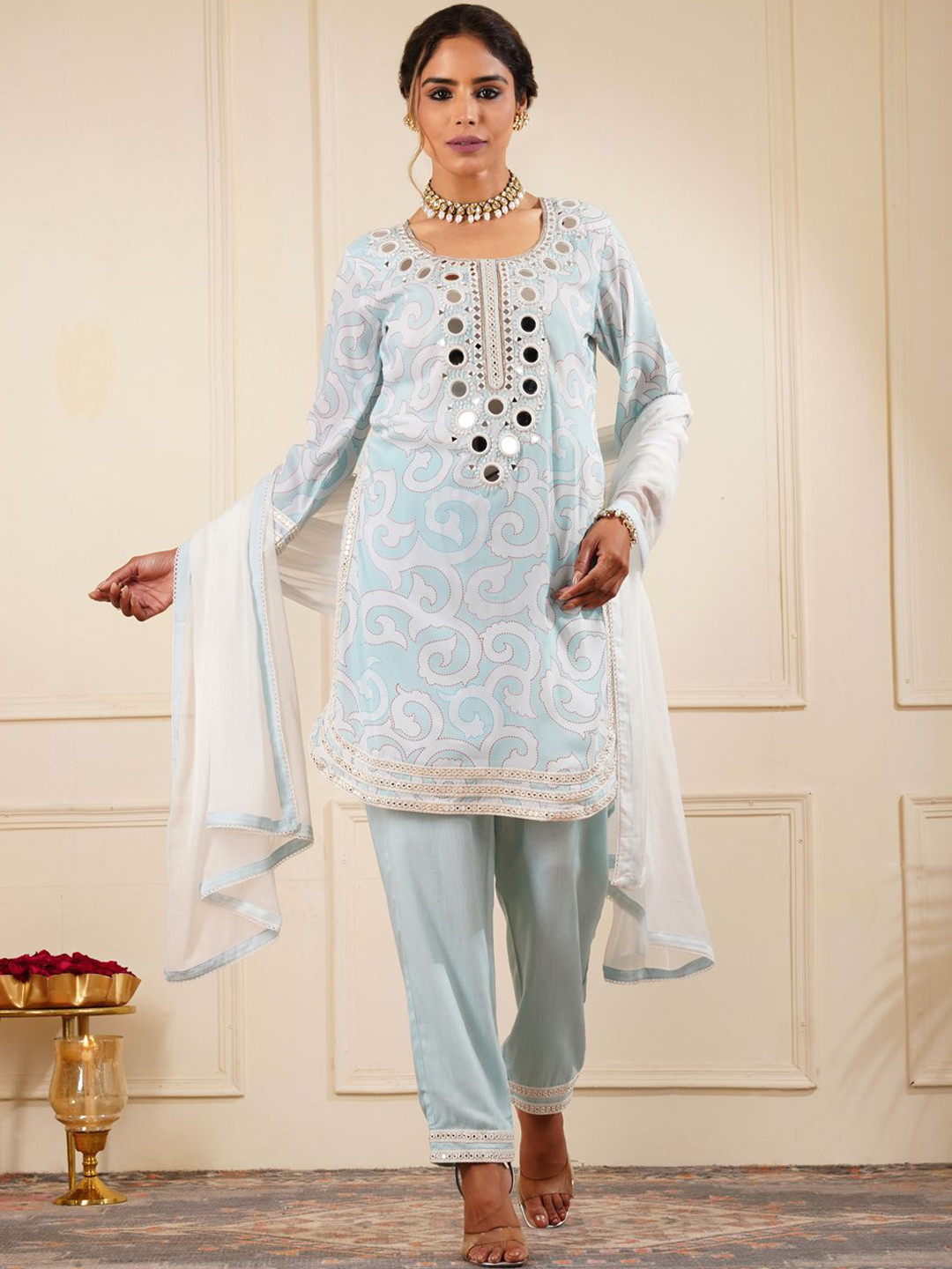 Shop Begum Women Yoke Design Mirror Work Regular Kurta Sets With Dupatta
