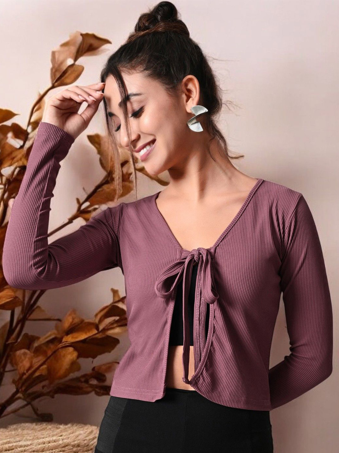 ZEUGEN Women Ribbed Tie-Front Long Sleeve Crop Top