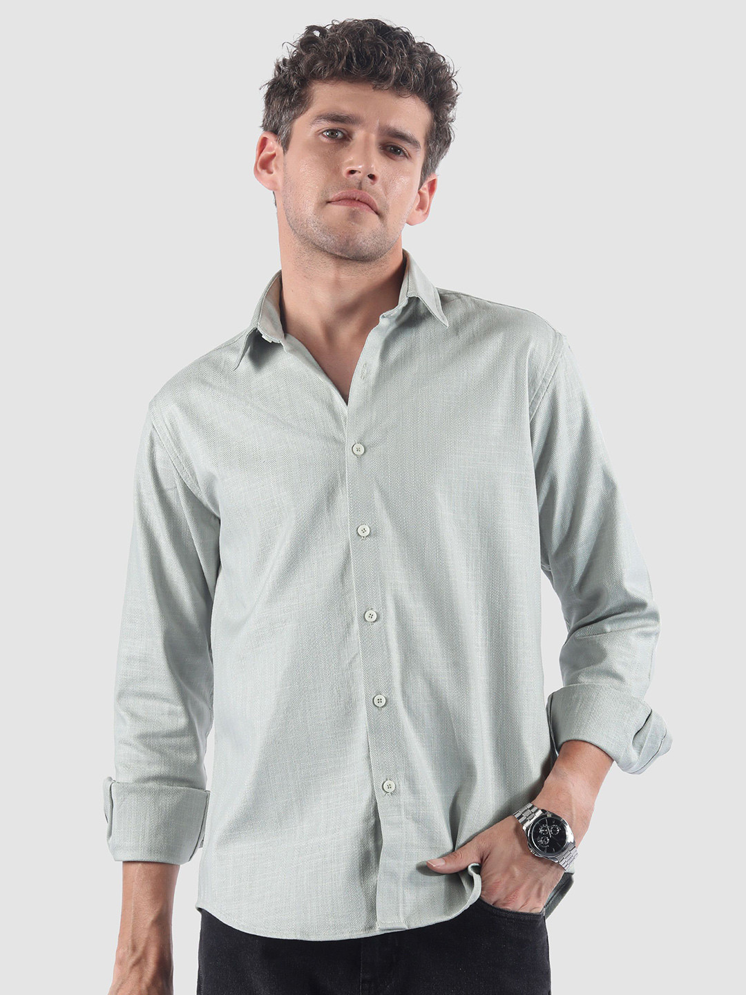 Beyoung Men Grey Textured Cotton Shirt
