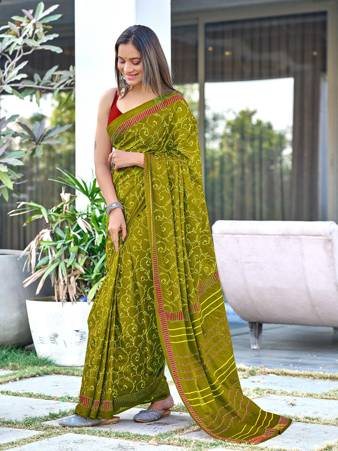 KALINI Floral Block Printed 1-Minute Ready to Wear Mulmul Cotton Saree With Blouse