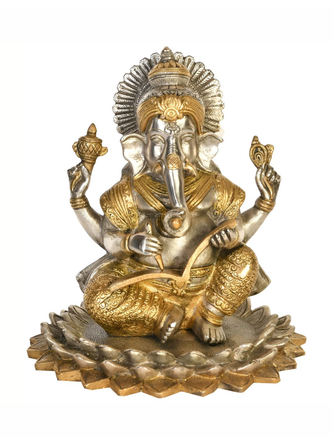 Exotic India Ganesha Seated on Triple Lotus Gold Brass Metallic Prayer Room Small Showpiece - 8 Inches
