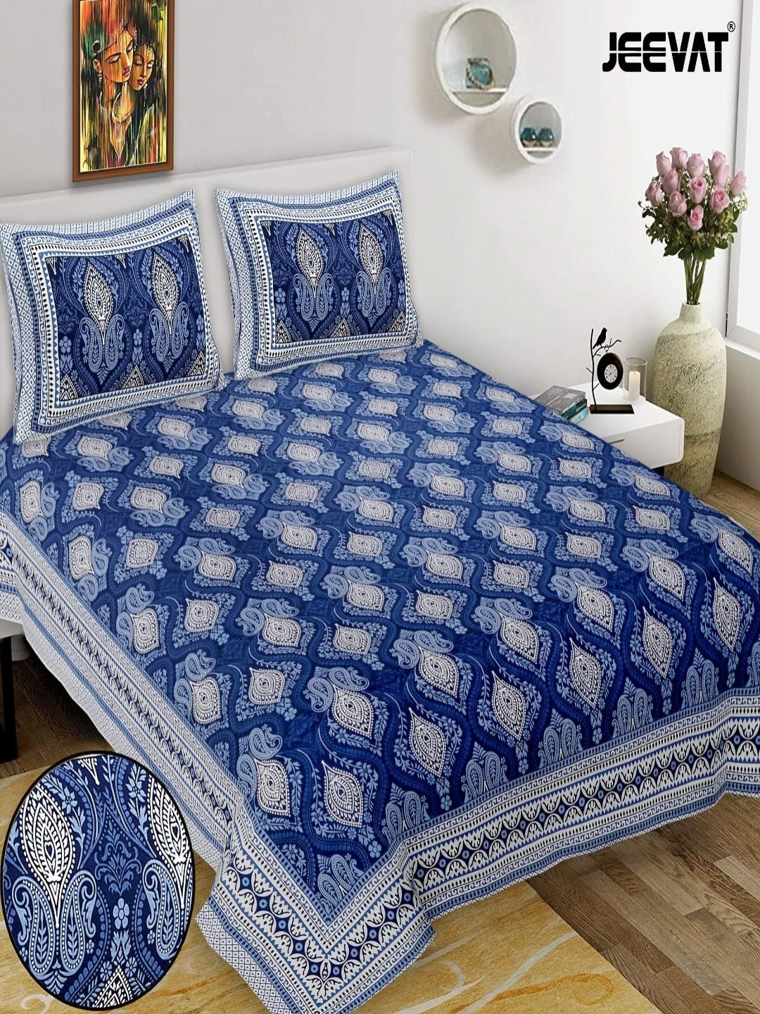 JEEVAT Blue Graphic Cotton Breathable 210 TC King Fine Bedsheet with 2 Pillow Covers-85 x 104 inches