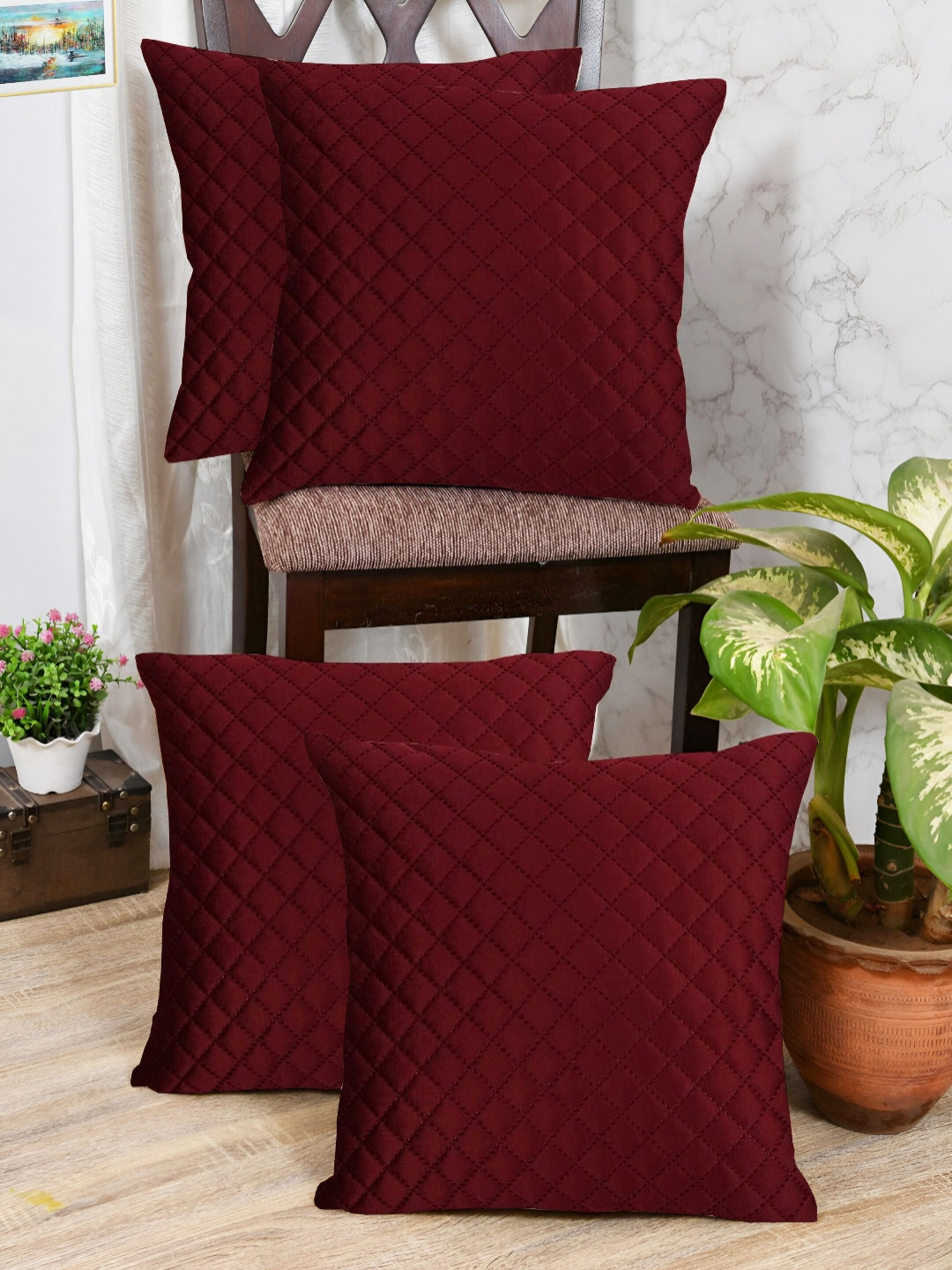 IVAZA Maroon Set of 4 Checked Velvet Square Cushion Covers