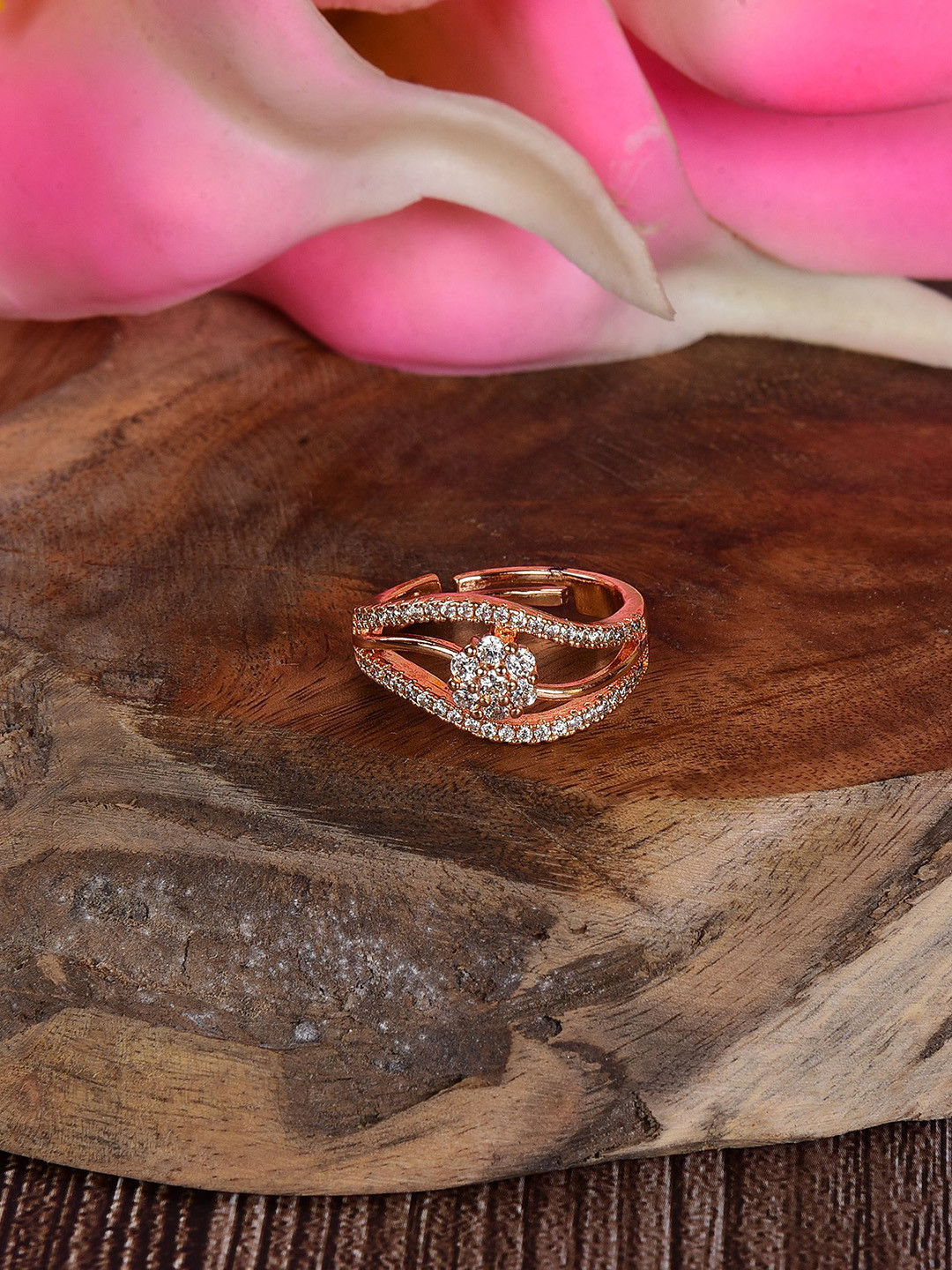 Nilu's Collection Rose Gold-Plated American Diamond Studded Adjustable Finger Ring