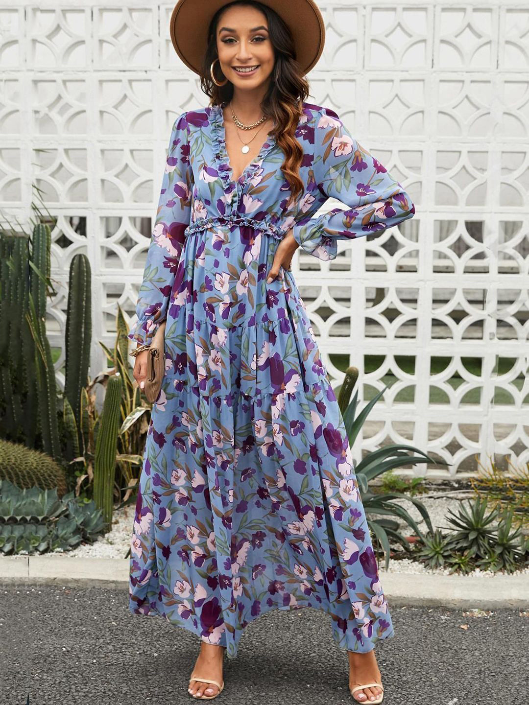bebe Floral Print V-Neck Long Sleeve Maxi Dress