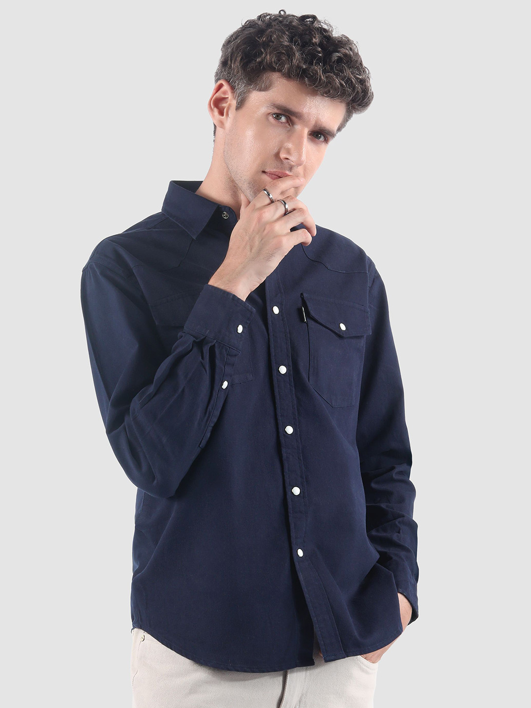 Beyoung Men Casual Spread Collar V-Shaped Front Yoke Shirt