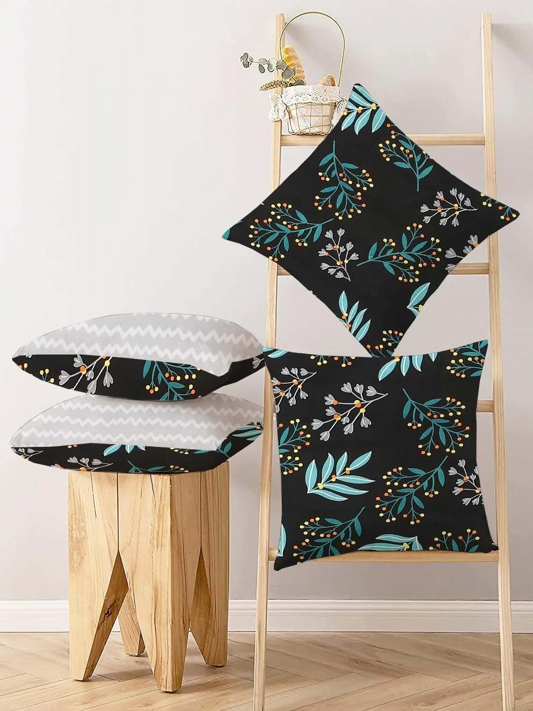 IVAZA Blue Floral Cotton Color Fastness 4 Piece Square Cushion Covers -24x24In
