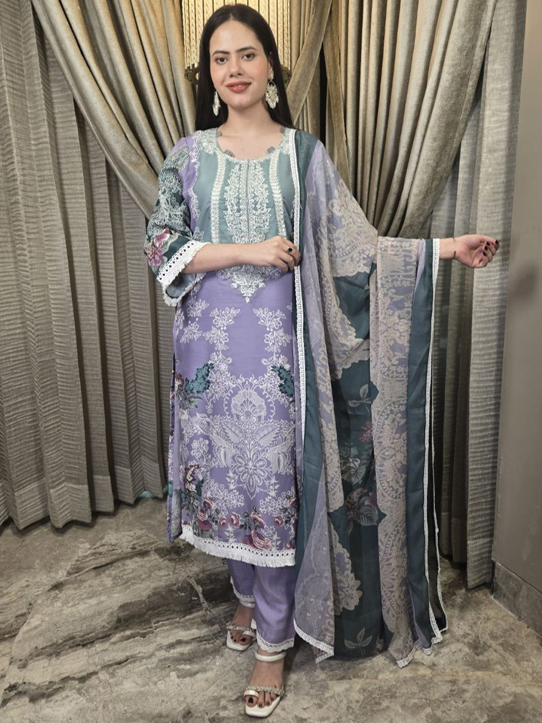 Shop Begum Women Floral Thread Work Pure Cotton Kurta with Trousers & Dupatta