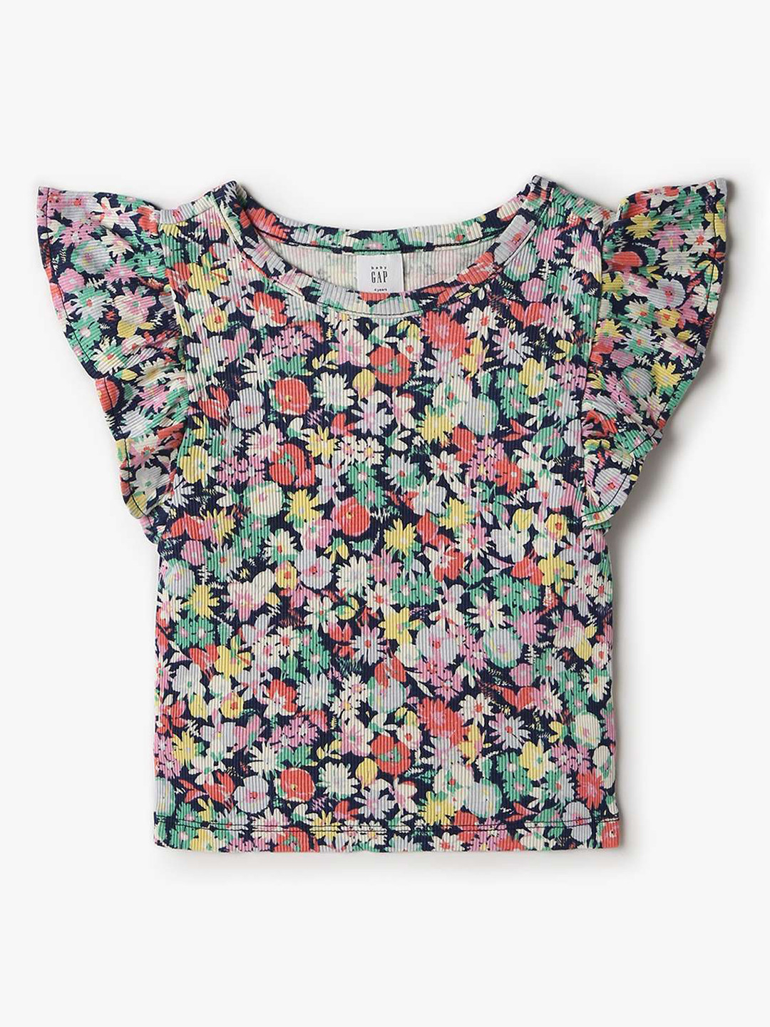 GAP Girls Pure Cotton Floral Print Flutter Sleeve Ribbed Top