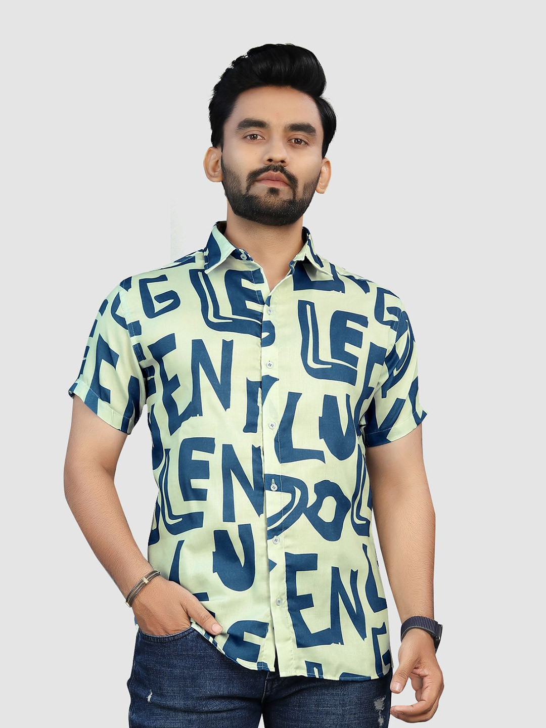 VS MALL Men Classic Printed Spread Collar Slim Fit Casual Shirt
