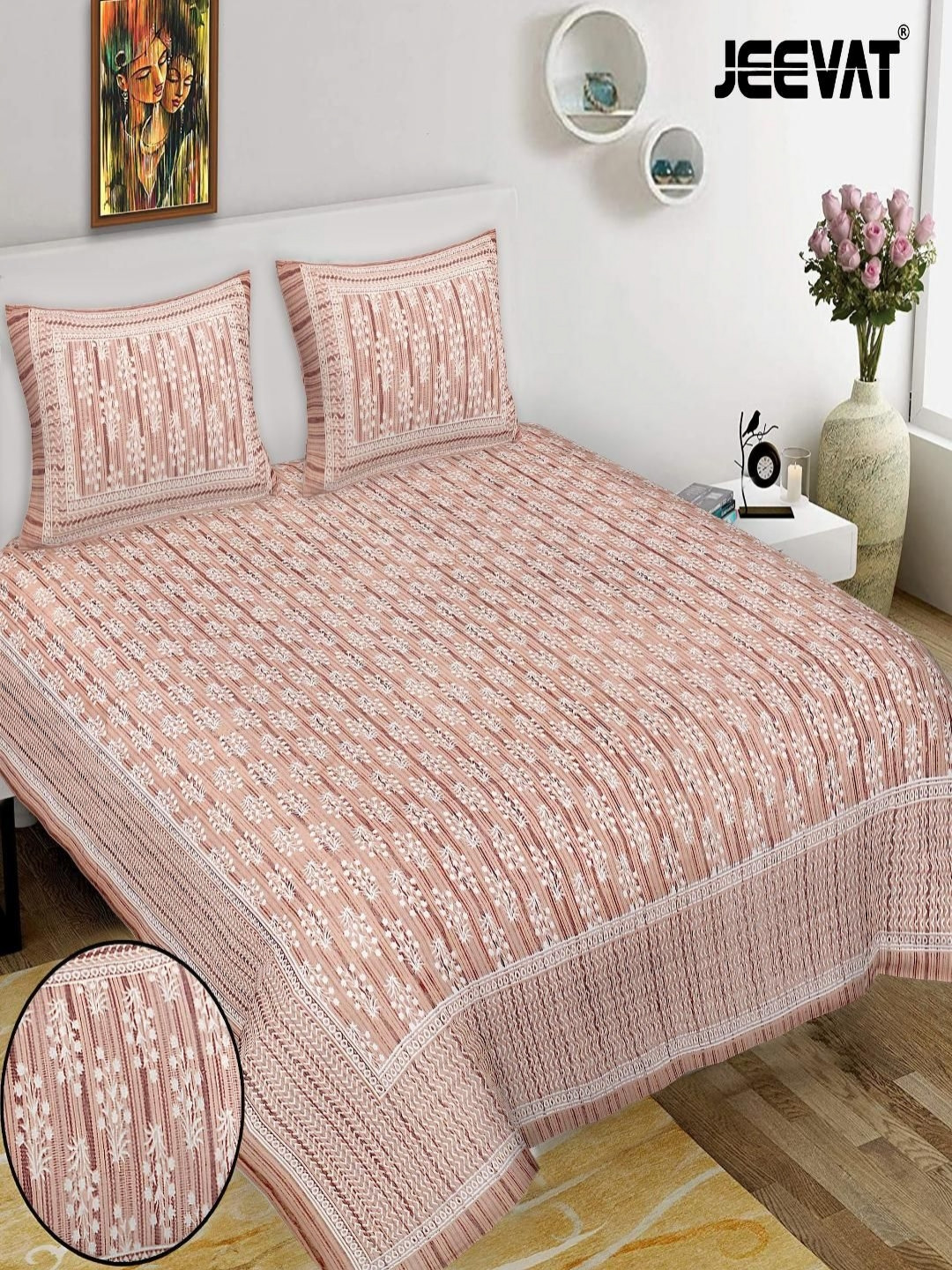 JEEVAT Summer Collection Brown Floral Cotton Breathable 210 TC King Fine Bedsheet with 2 Pillow Covers-85 x 104 inches