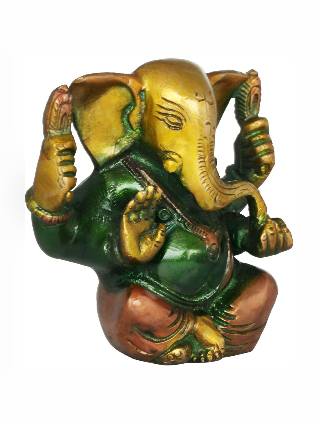 Exotic India Ganesha Eating Modak Green Brass Metallic Prayer Room Tiny Showpiece - 3.6 Inches