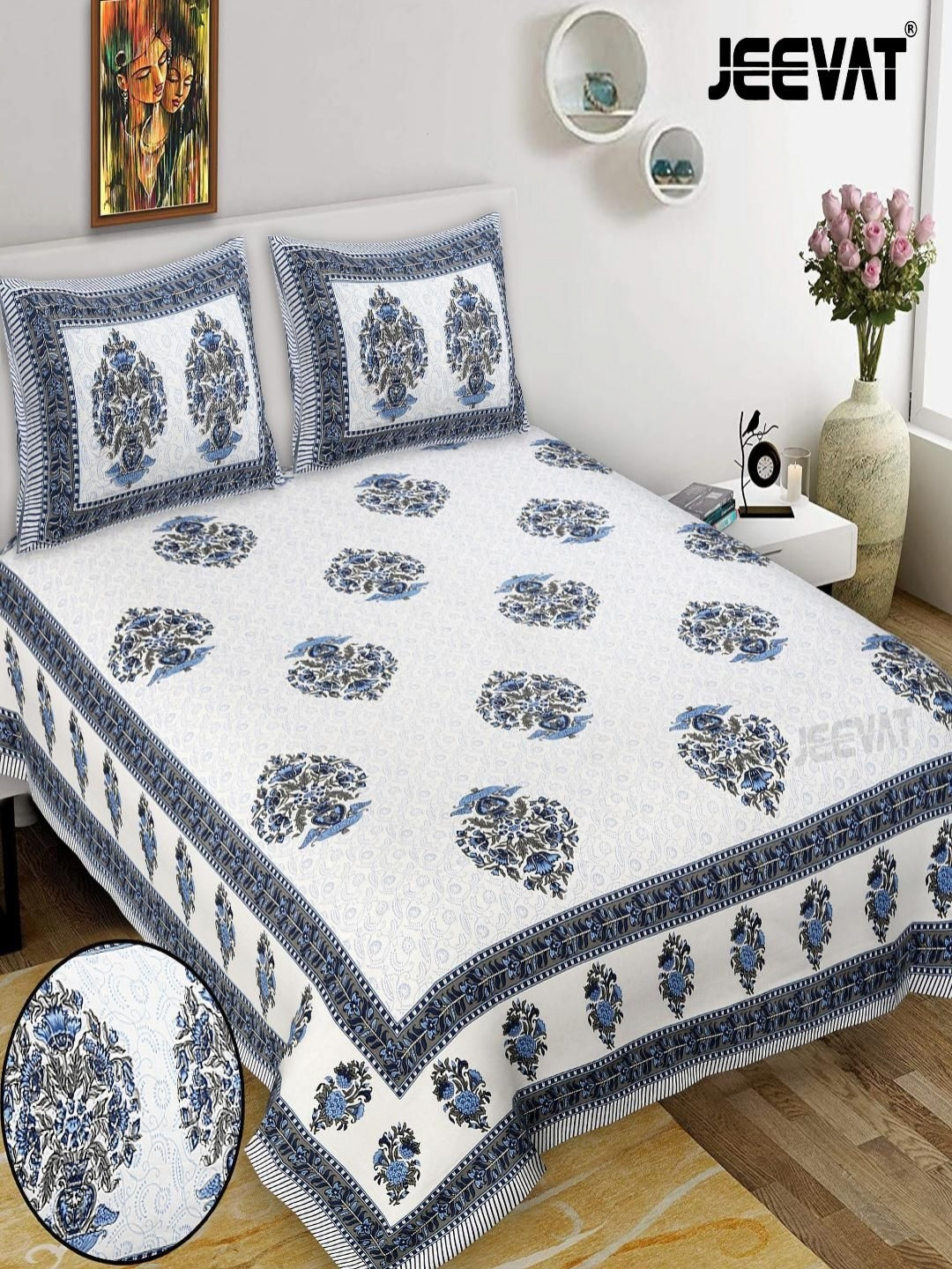 JEEVAT Summer Collection White Floral Cotton Breathable 210 TC King Fine Bedsheet with 2 Pillow Covers-85 x 104 inches