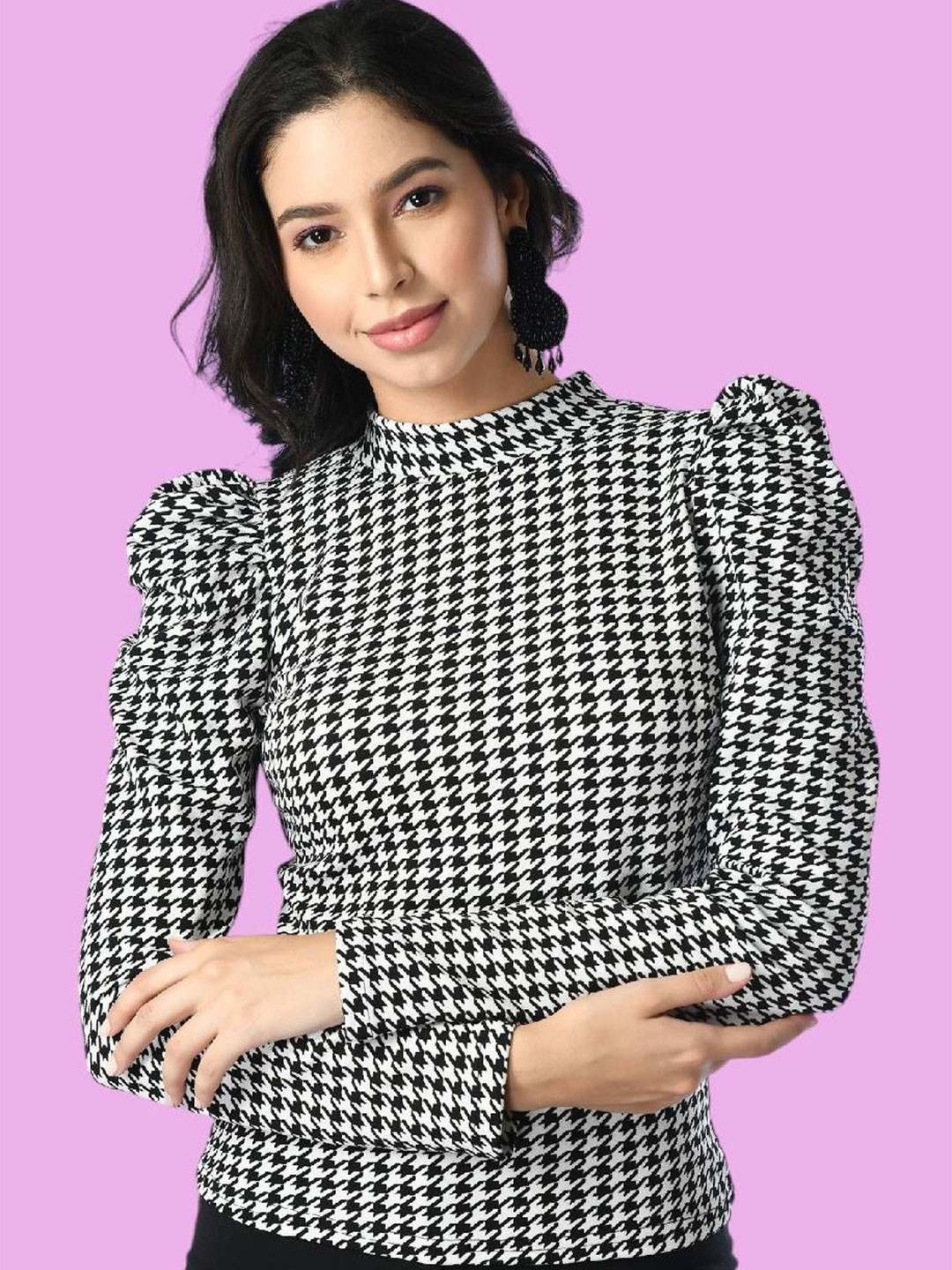 ZEUGEN Checked Puff Sleeve Top