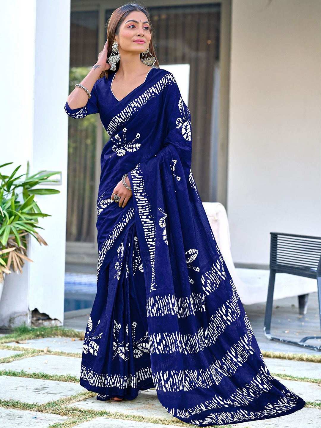 LeeliPeeri Designer Floral Block Printed Mulmul Cotton 1-Minute Saree