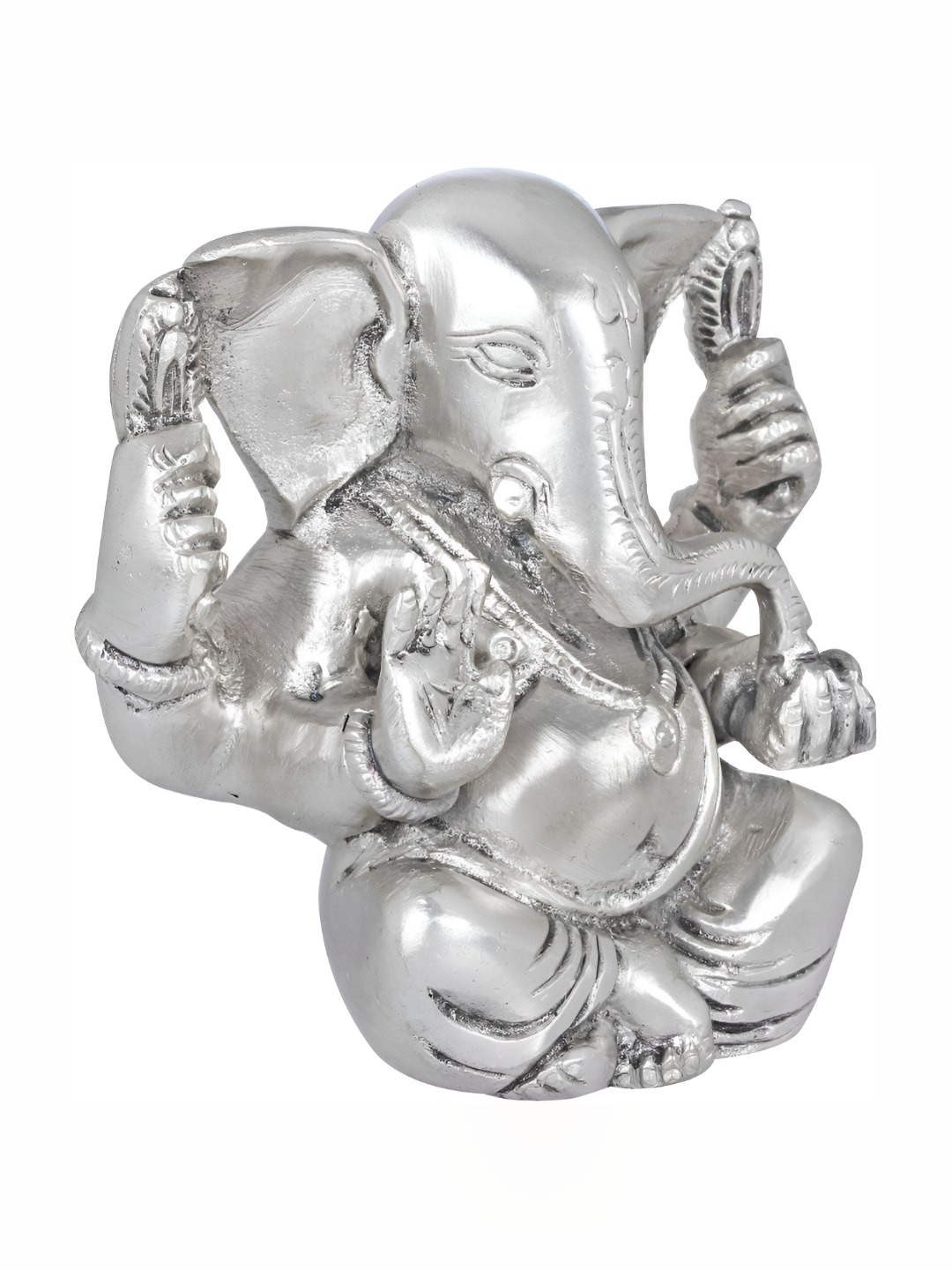 Exotic India Ganesha Eating Modak Silver Brass Metallic Prayer Room Tiny Showpiece - 3.6 Inches