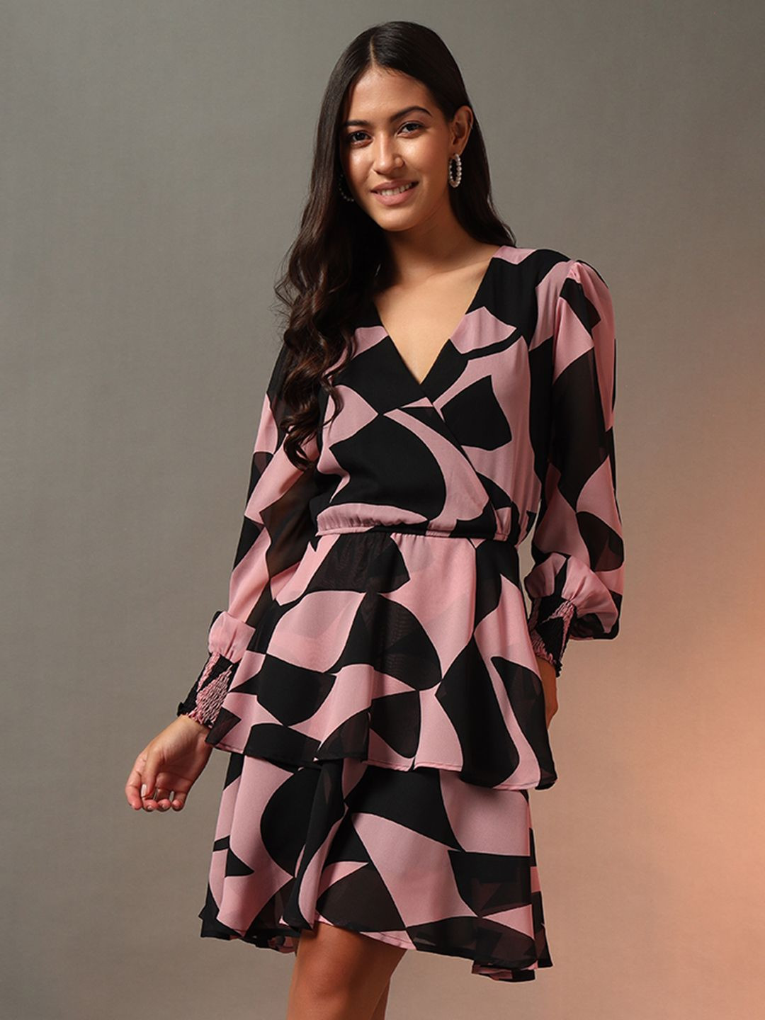 Trend Arrest Women Abstract Print Abstract Layered Georgette Fit & Flare Dress