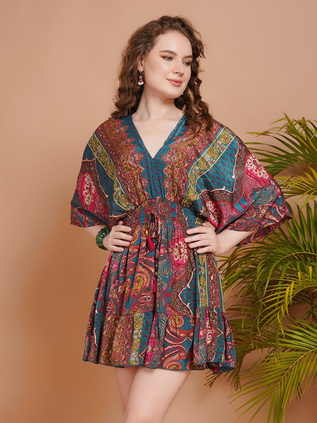 Boholyfe Women Liora Teal Bloom Kimono Mini Dress
