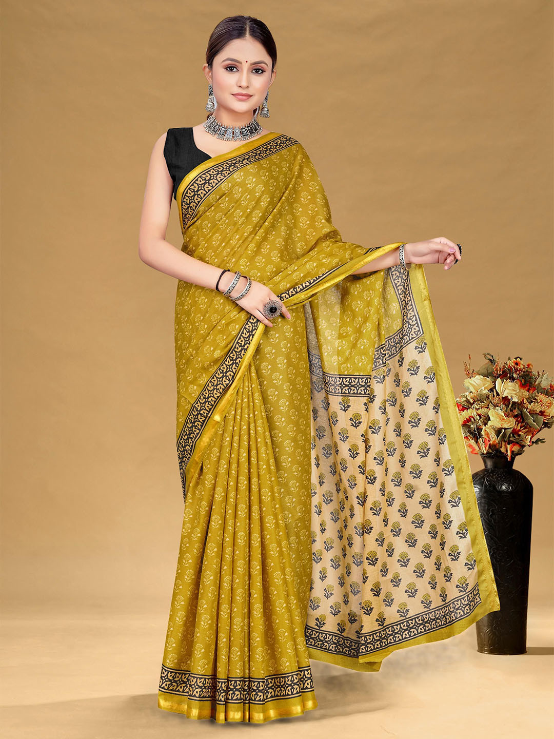 Panzora Floral Bagru Printed Designer Pure Cotton Ready to Wear Saree