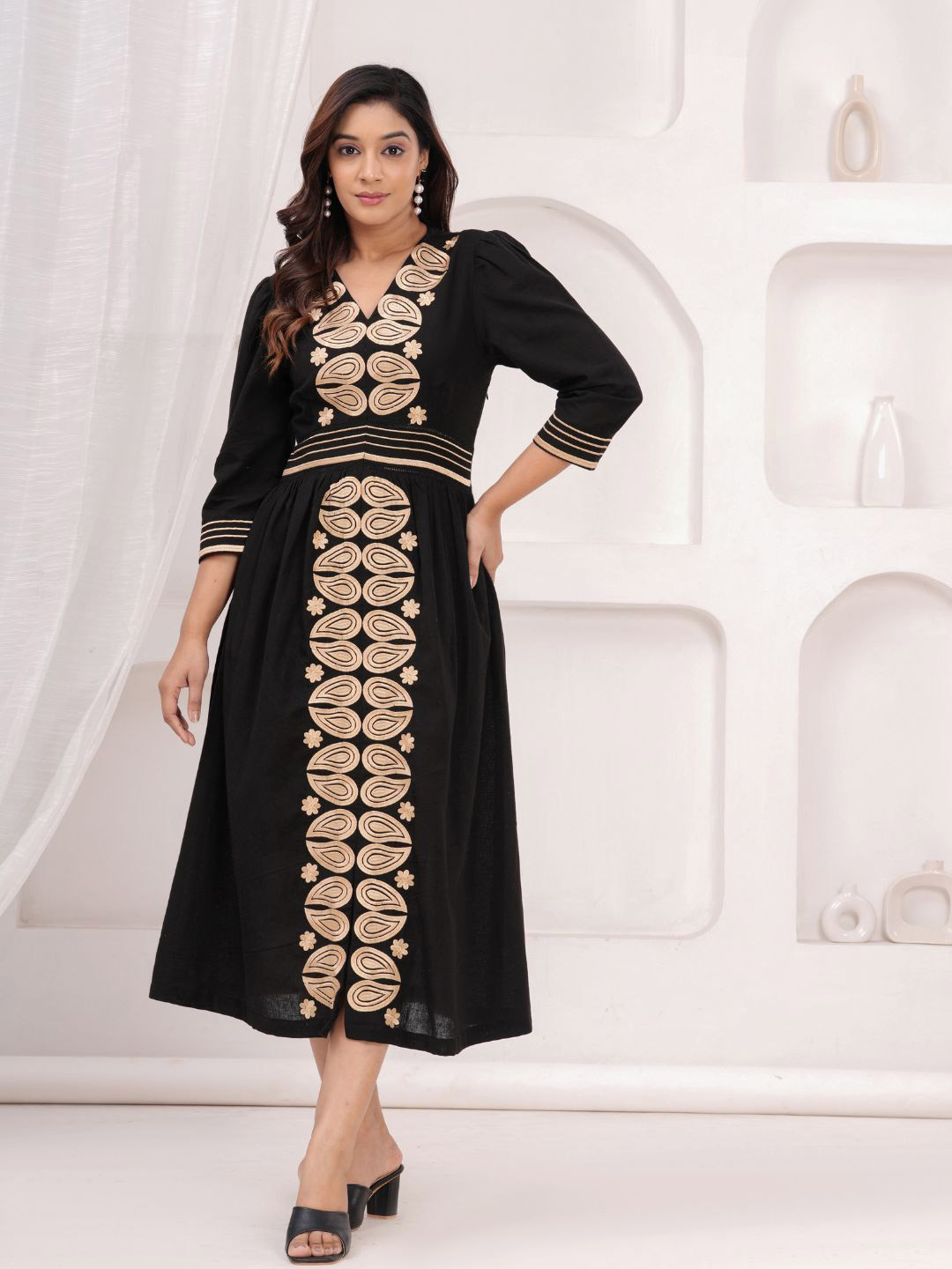 Zolo Label Women Cotton Black Embroidered Smocked Fit and Flare Midi Dress