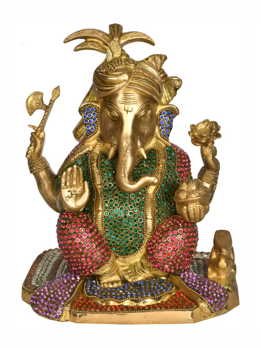 Exotic India Turbaned Ganesha Gold Brass Metallic Prayer Room Medium Showpiece - 9 Inches