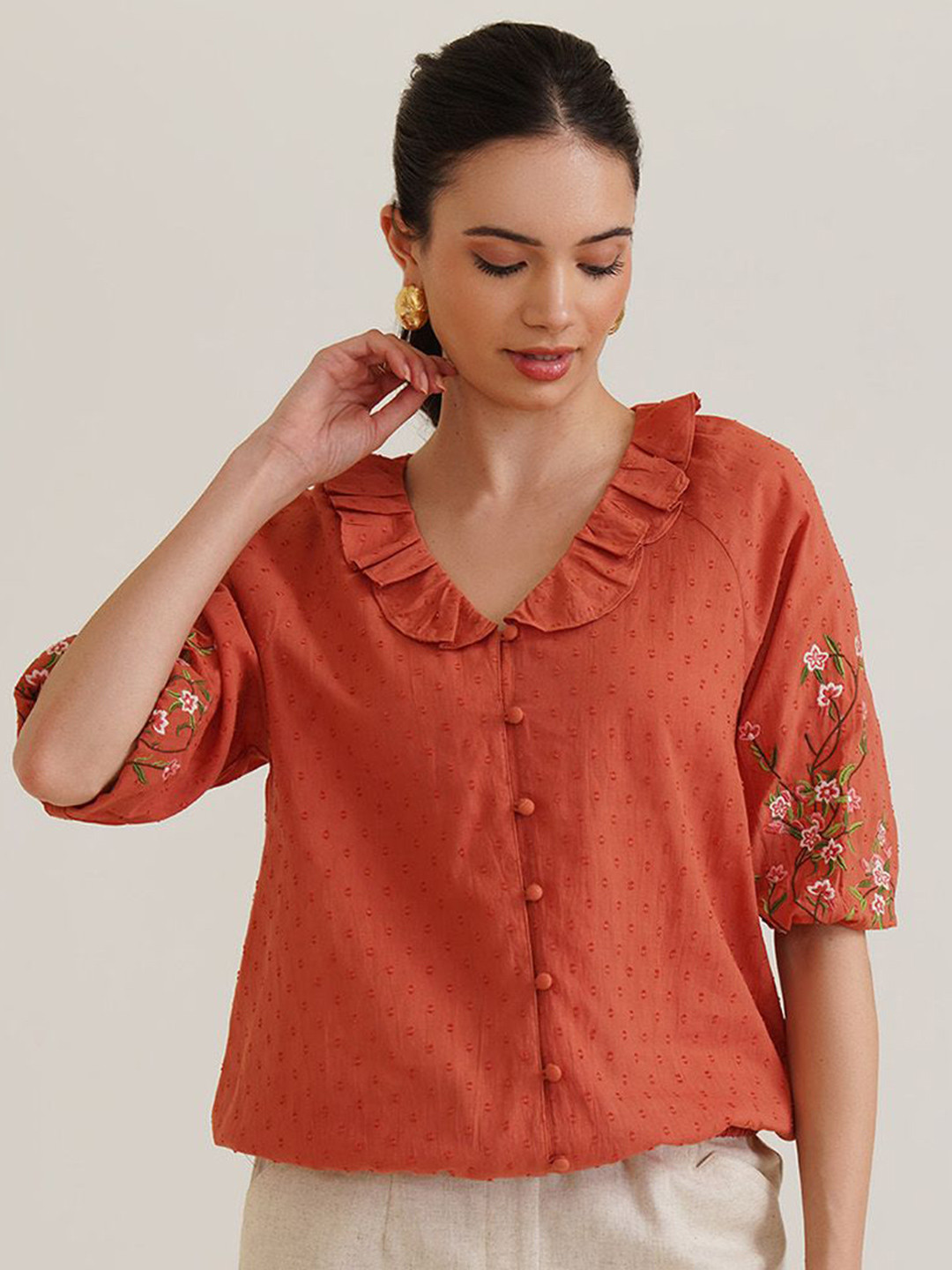 B77 Floral Embroidered Organic Cotton Blouson Top