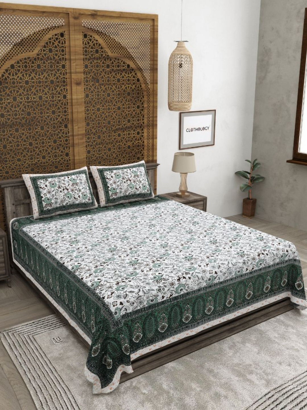 CLOTHOLOGY Jaipuri Prints Green Floral Cotton 180 TC King Fine Bedsheet with 2 Pillow Covers-108 x 89 inches