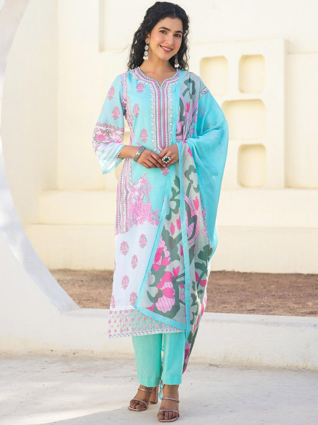 AUTUMN LANE Lakshita Floral Printed Pure Cotton Straight Kurta With Palazzos & Dupatta