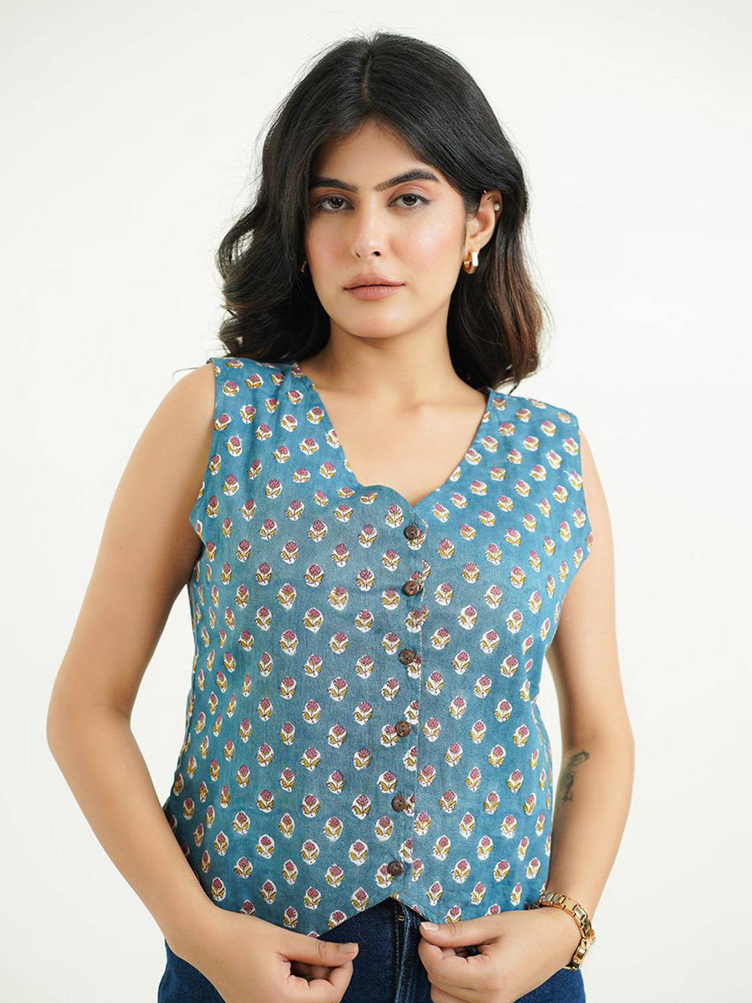 GOODHAND Women Floral Print V-Neck Cotton Top
