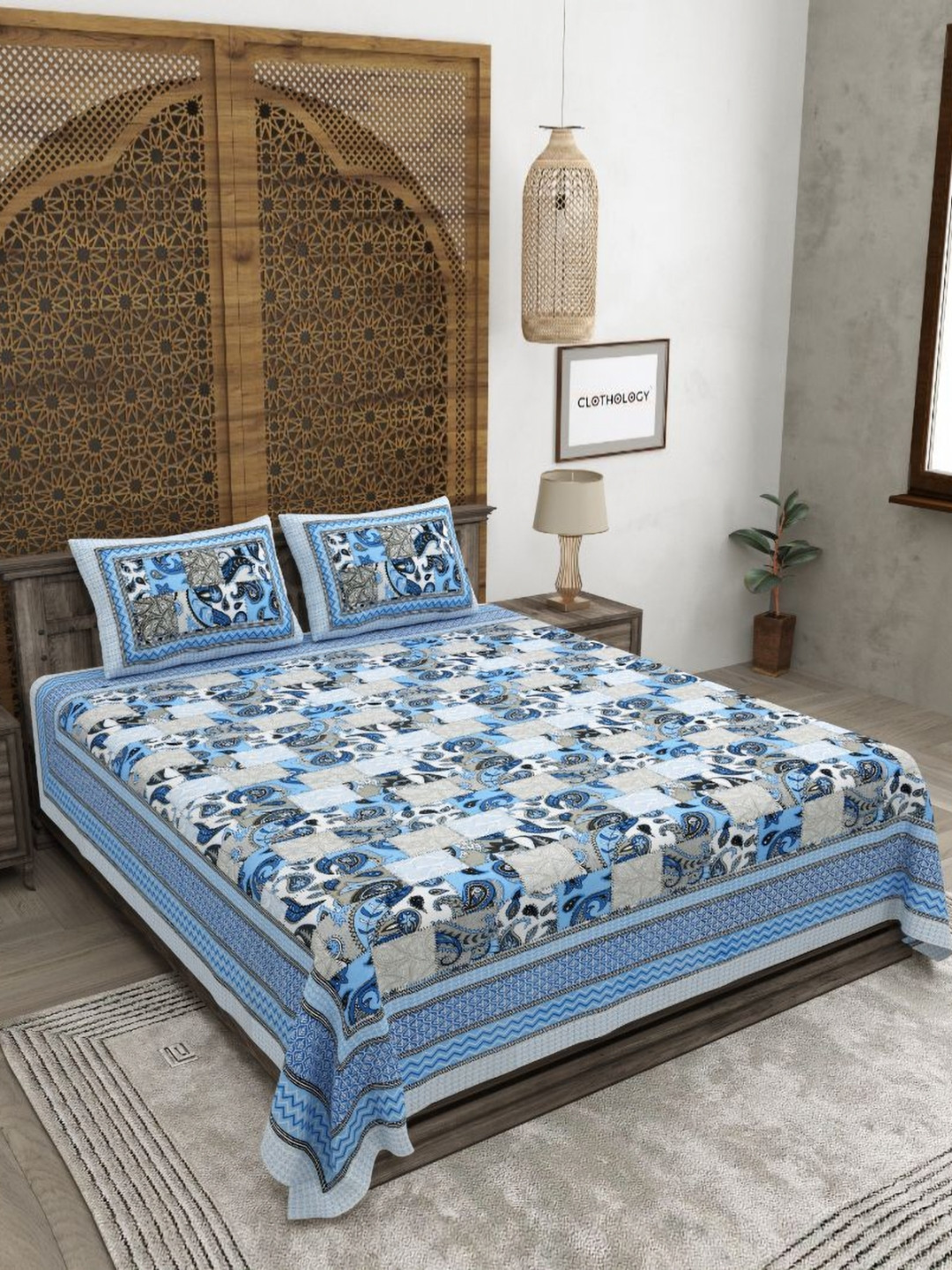 CLOTHOLOGY Azure Indigo Paisley Patchwork Heritage Mosaic 180 TC Cotton King Bedsheet with 2 Pillow Cover