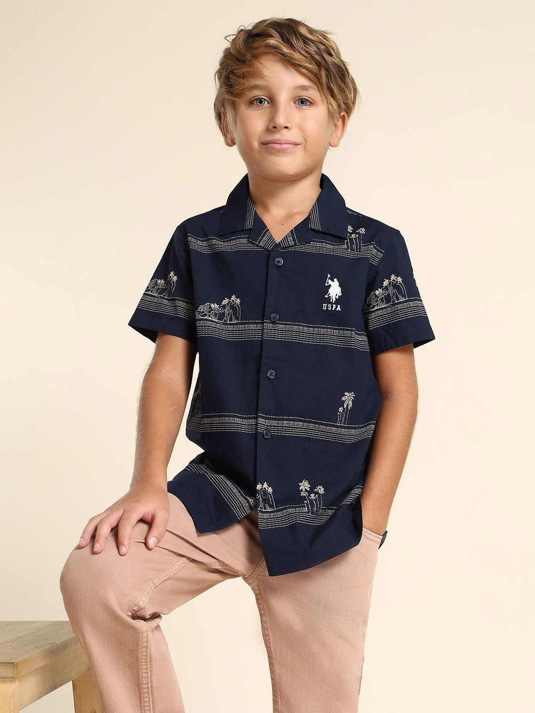 U.S. Polo Assn. Kids Boys Classic Fit Graphic Printed Cuban Collar Cotton Casual Shirt