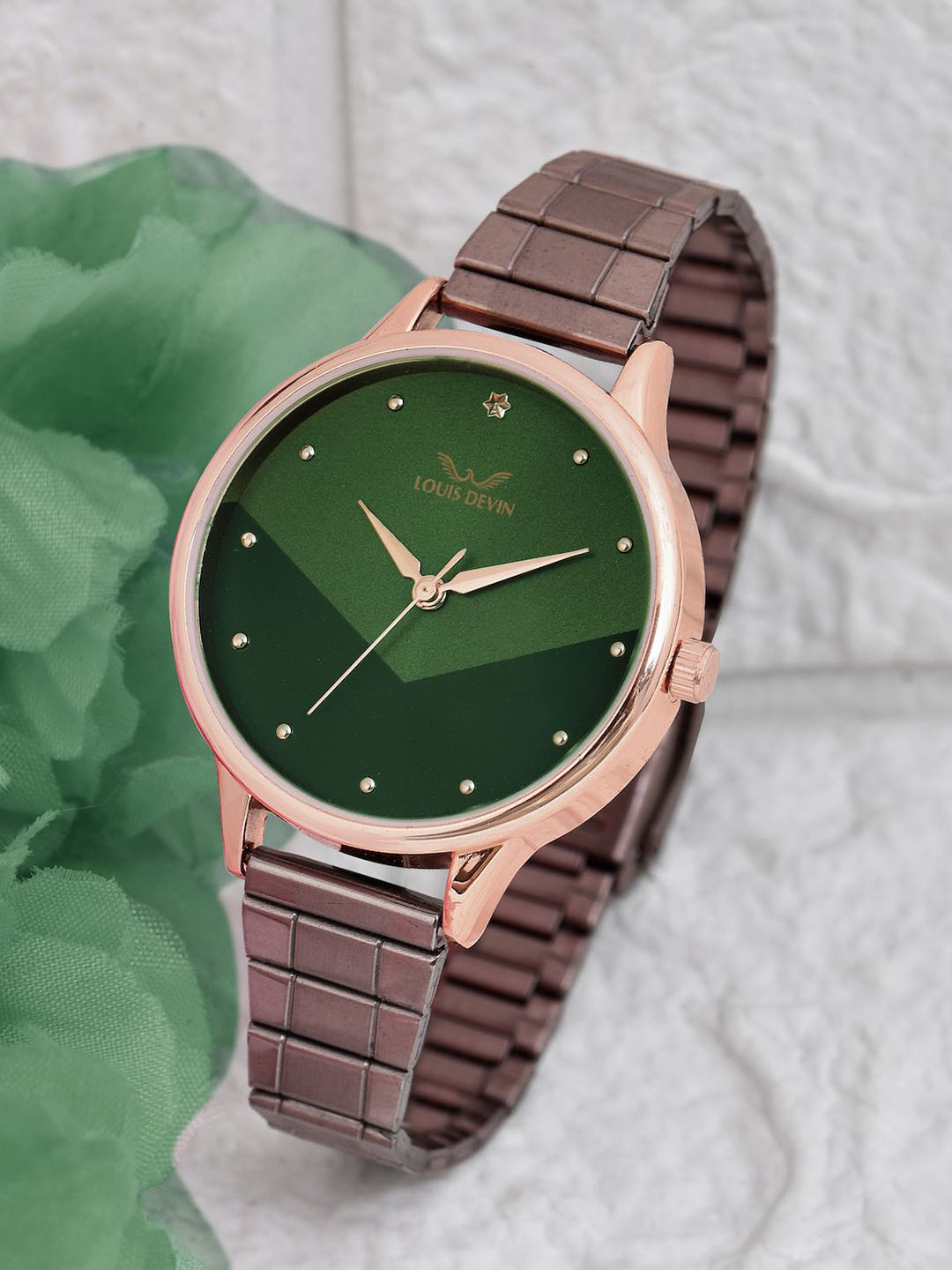 LOUIS DEVIN Women Brown & Green Dial Metal Chain Wrist Watch