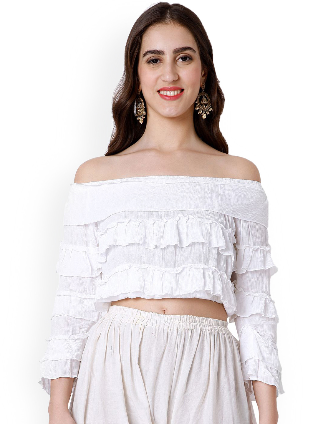 SALWAR STUDIO Women  Off-Shoulder Ruffles Blouson Stretchable Crop Top