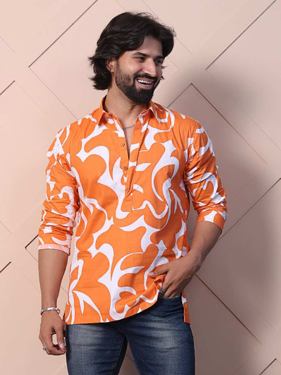 MIDAV Men Straight Fit Abstract Printed Spread Collar Cotton Casual Shirt