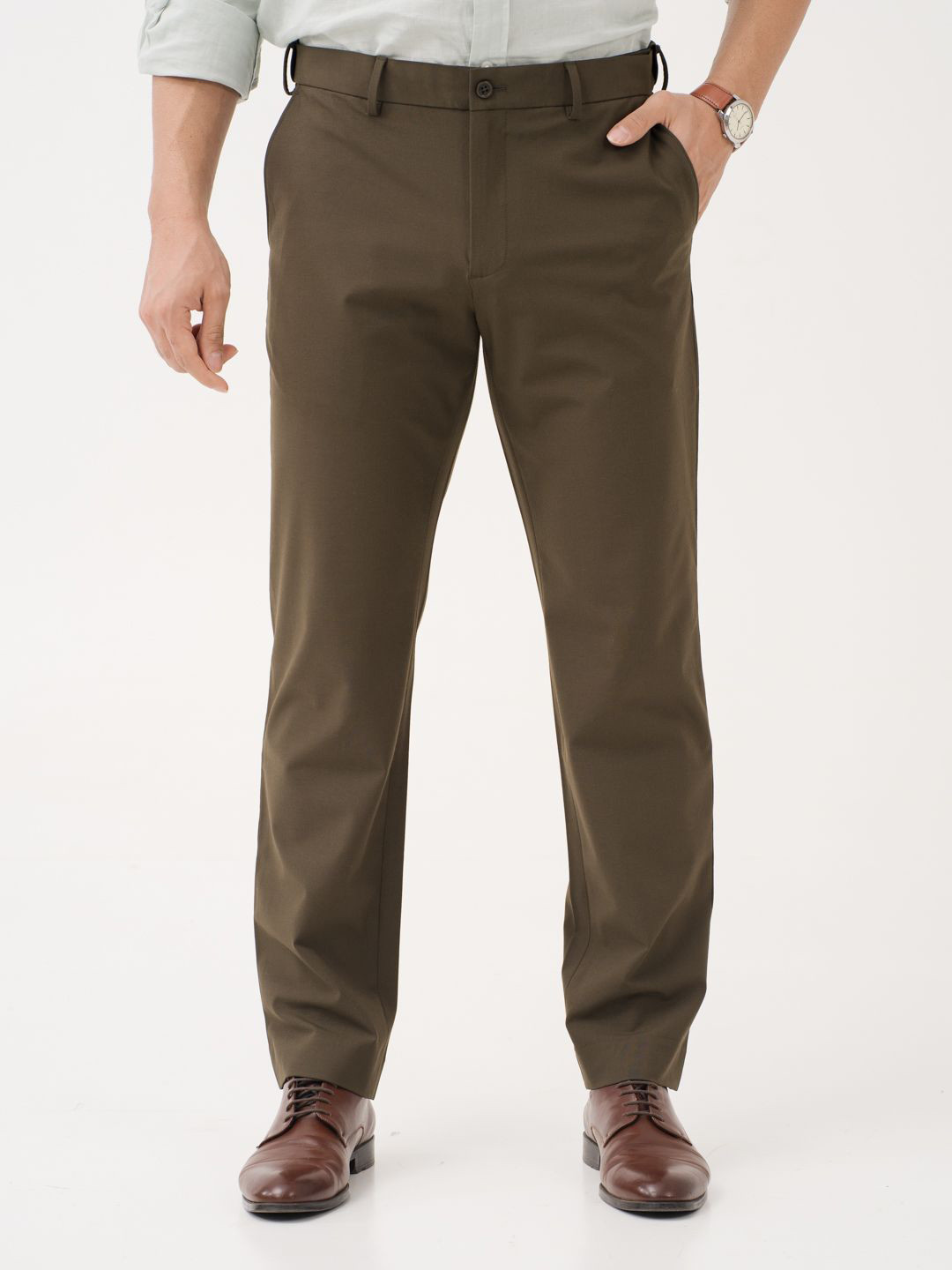 The Pant Project Men Always Olive Solid Relaxed Fit Wrinkle-Resistant Formal Trousers with Stretchable Waistband