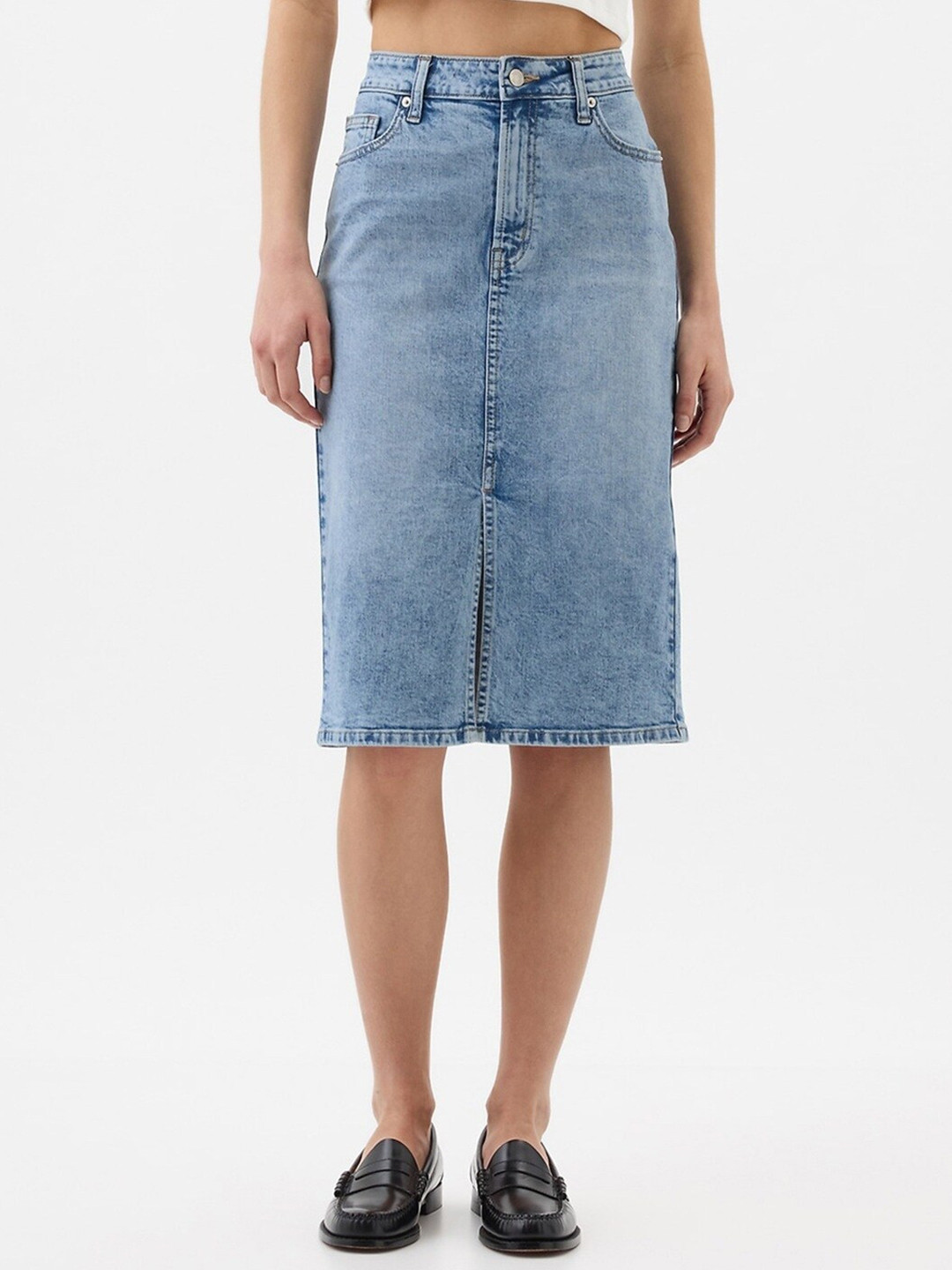 GAP Women Washed Effect Front Slit Pure Cotton Denim Skirt