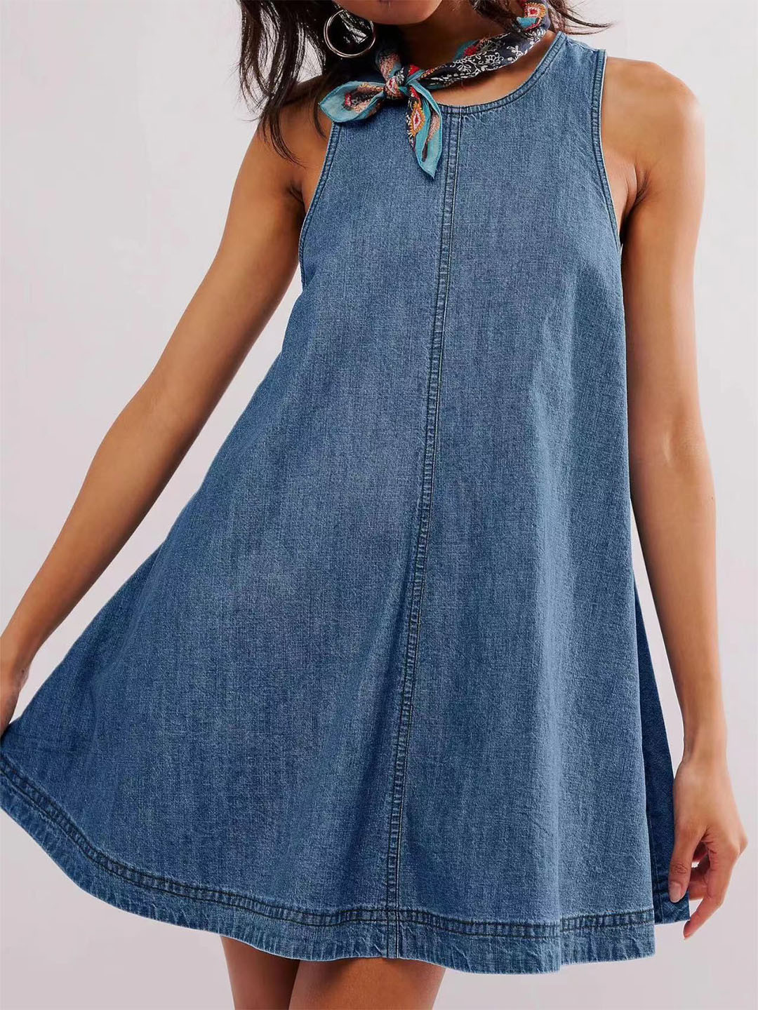 The Roadster Solid Lifestyle Co Pure Cotton Sleeveless Mini Dress With Neck Tie