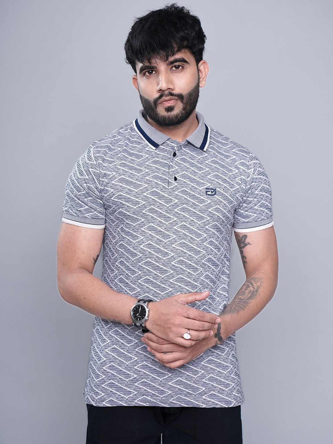 INKMAN Men Bio Finish Geometric Printed Polo Collar Cotton T-shirt