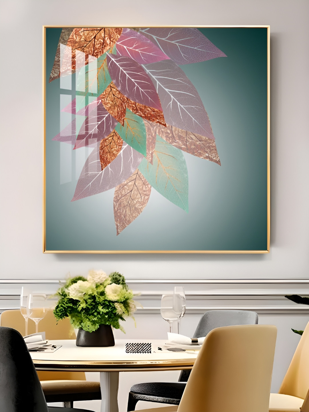 THE NEXT DECOR Blue Leaf Abstraction Glass Finish Square Wall Art