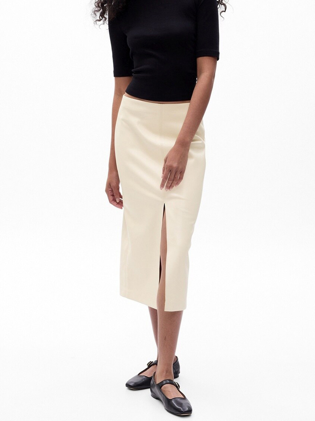 GAP Women Faux Leather Straight Front Slit Midi Skirt